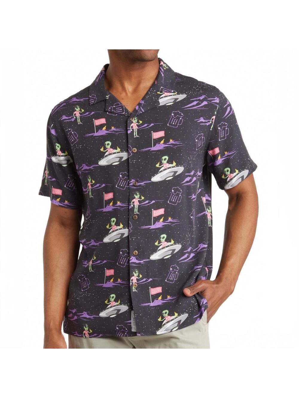 Party Pants Flying Alien Saucer Print Short Sleeve Button-Up Camp Shirt